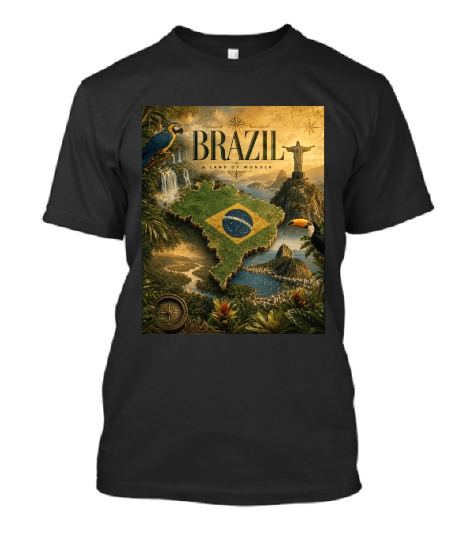 Brazil A Land Of Wonder Ordem E Progresso Christ The Redeemer Amazon Rainforest Toucan Macaw Waterfalls T-Shirt