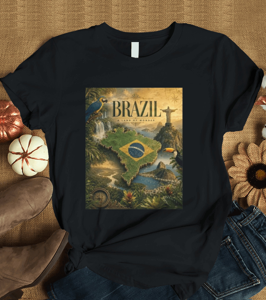 Brazil A Land Of Wonder Ordem E Progresso Christ The Redeemer Amazon Rainforest Toucan Macaw Waterfalls T-Shirt