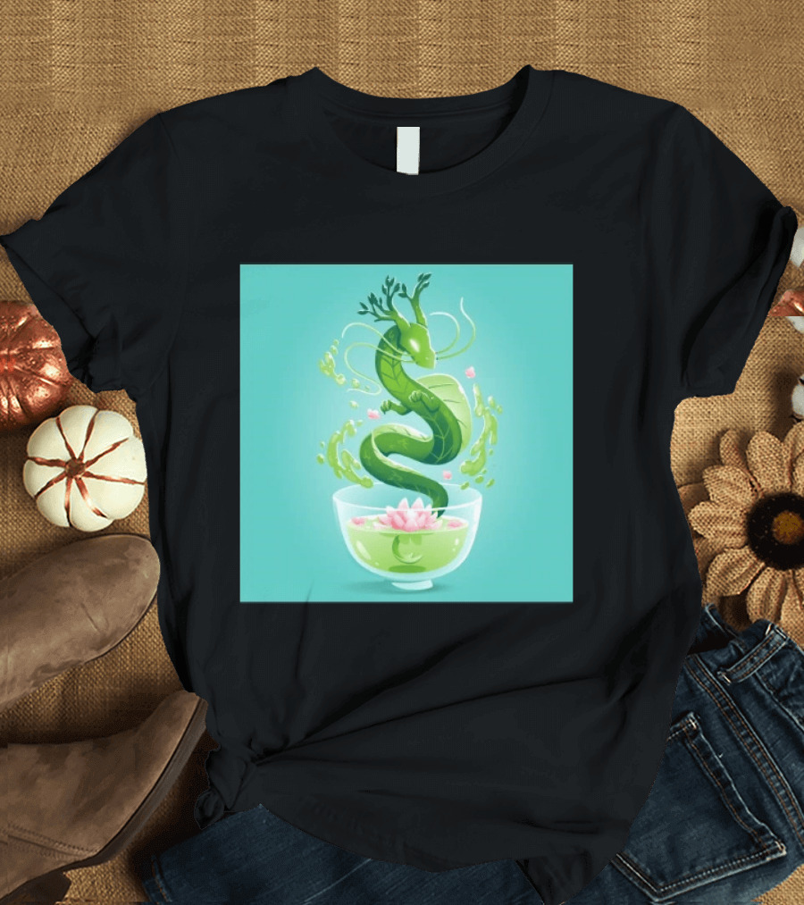 Green Tea Dragon In Teacup With Blossoms And Leaves T-Shirt