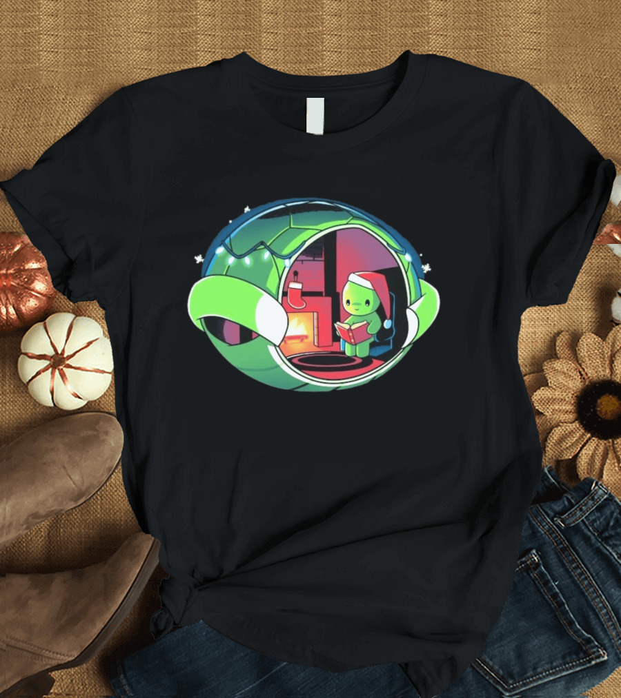 Christmas Turtle Cozy Holiday Scene With Santa Hat And Fireplace T-Shirt