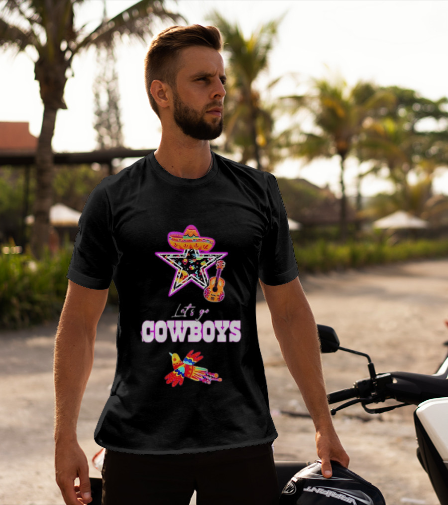 Let's Go Cowboys Mexican Folk Sombrero Star Guitar Bird T-Shirt