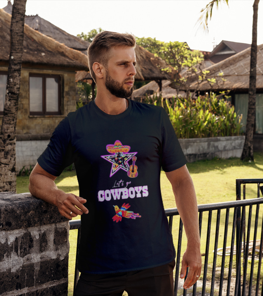 Let's Go Cowboys Mexican Folk Sombrero Star Guitar Bird T-Shirt