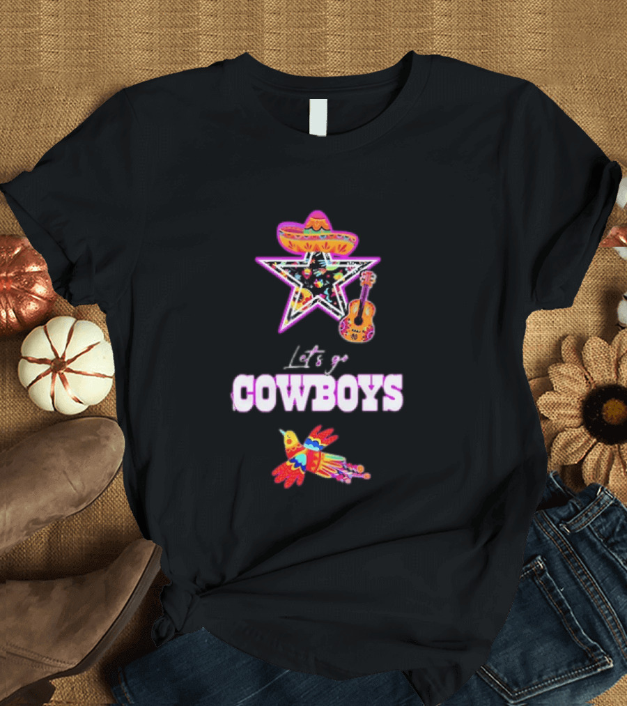 Let's Go Cowboys Mexican Folk Sombrero Star Guitar Bird T-Shirt