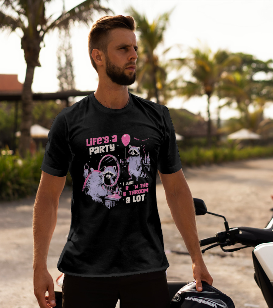 Raccoon Life's A Party I Just Cry In The Bathroom A Lot Balloon Mirror Reflection T-Shirt
