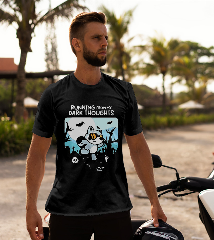 Raccoon Running From My Dark Thoughts Moonlight Bats And Graveyard Scene T-Shirt