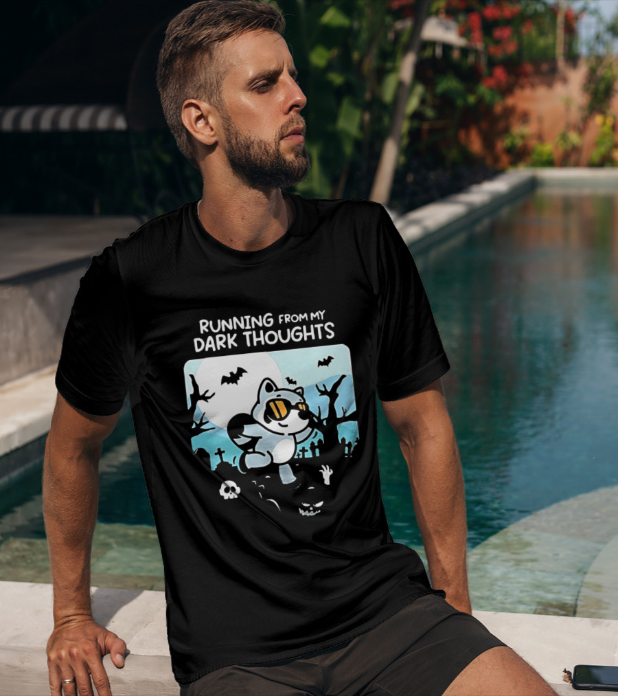 Raccoon Running From My Dark Thoughts Moonlight Bats And Graveyard Scene T-Shirt