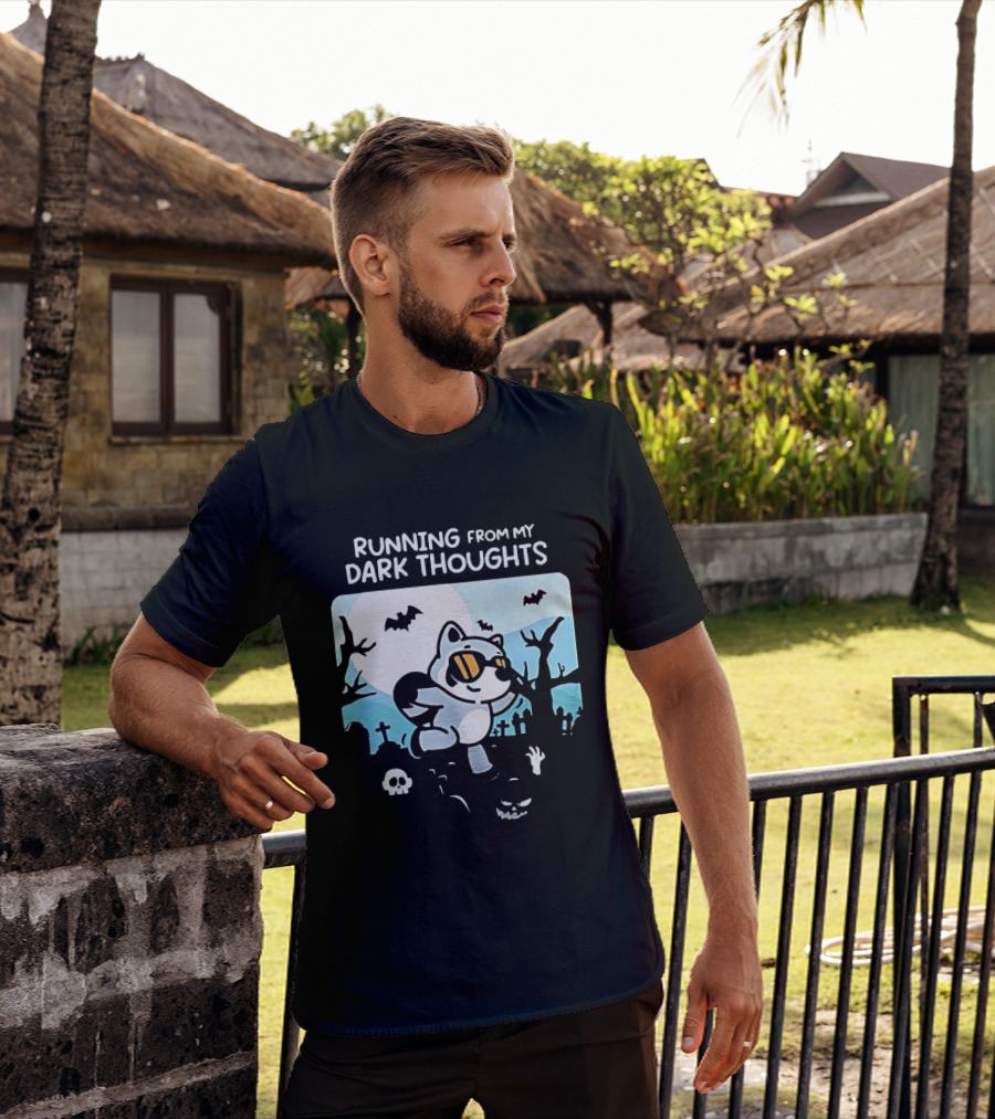 Raccoon Running From My Dark Thoughts Moonlight Bats And Graveyard Scene T-Shirt