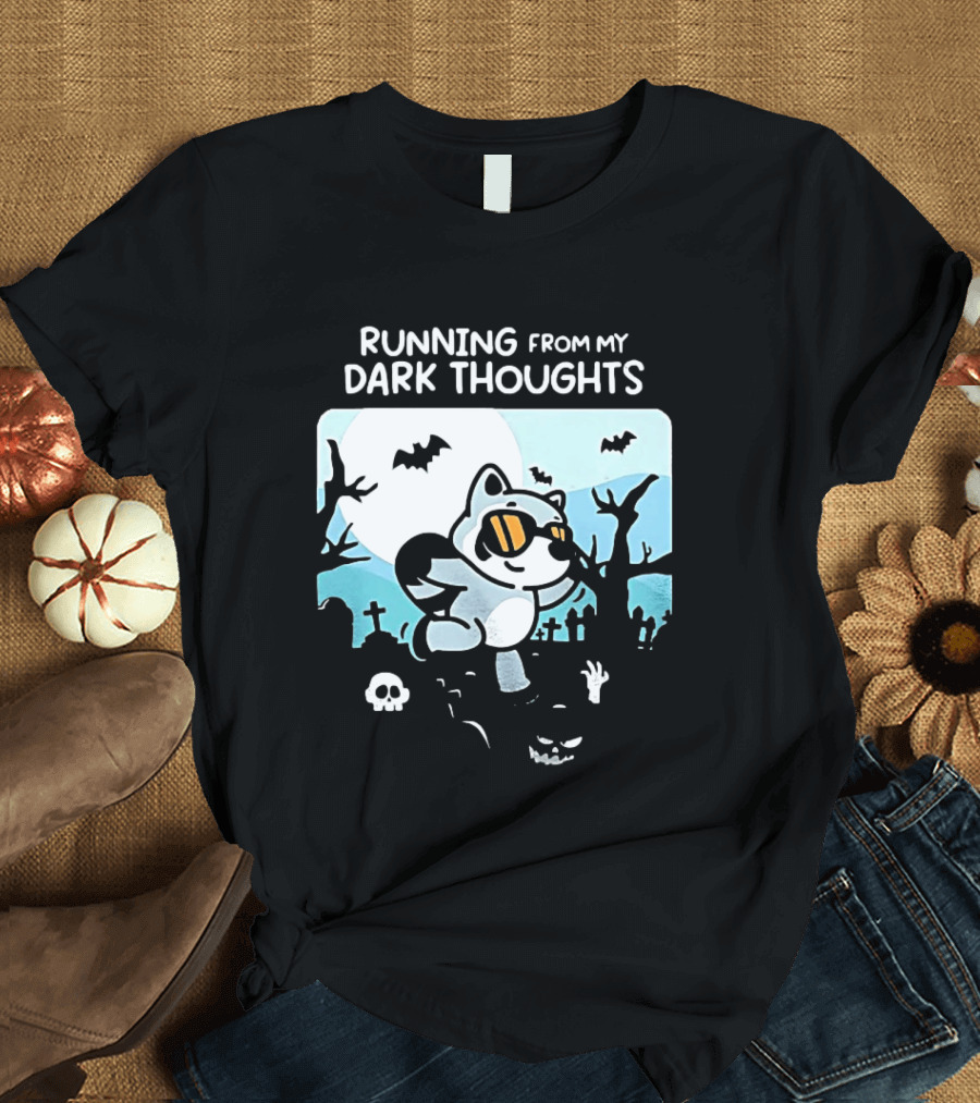 Raccoon Running From My Dark Thoughts Moonlight Bats And Graveyard Scene T-Shirt