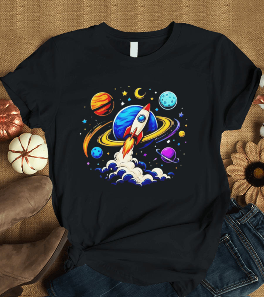 Space Rocket Launch With Vibrant Orbiting Planets And Stars T-Shirt