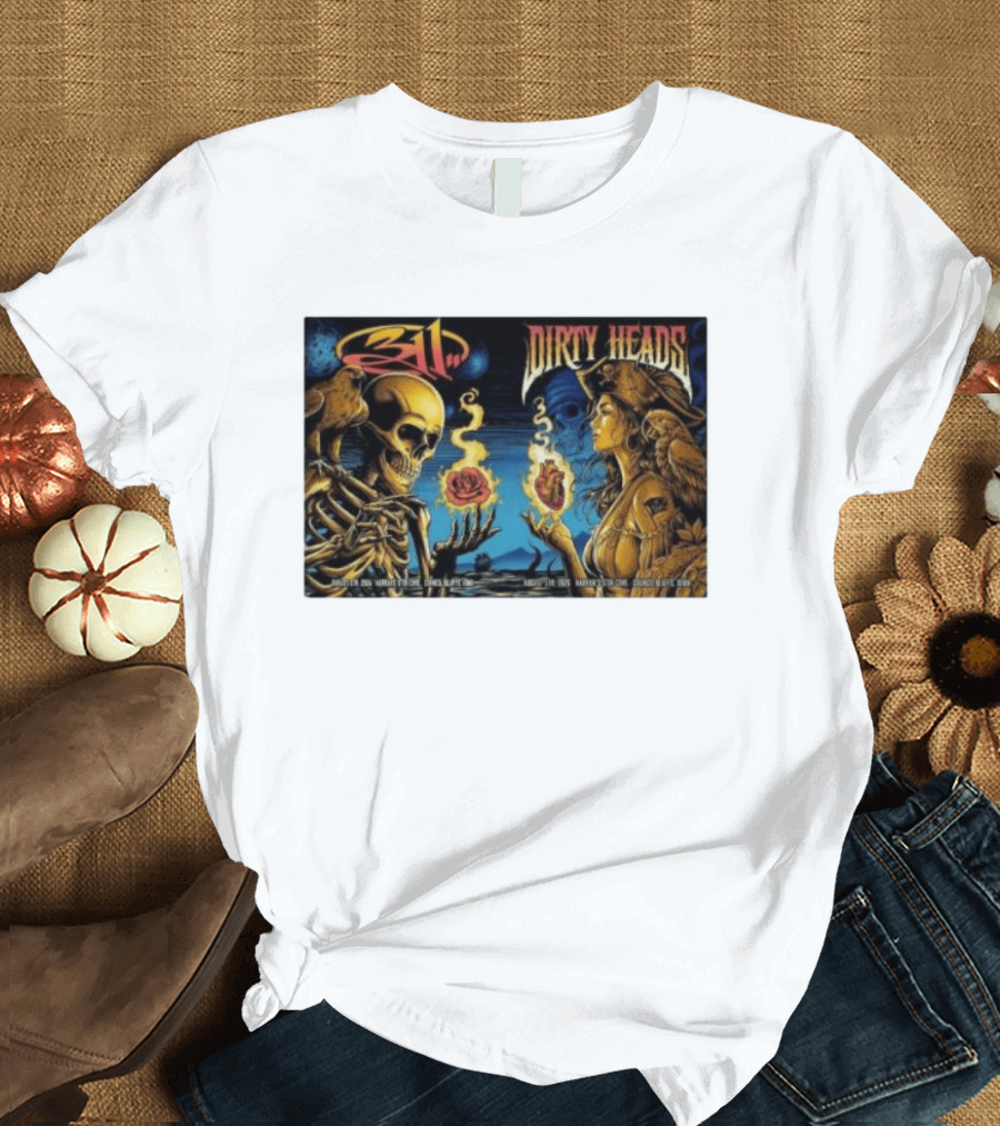 311 X Dirty Heads August 5 2026 Council Bluffs Iowa Harrah's Stir Cove Exclusive Set Skeleton Pirate Roses T-Shirt
