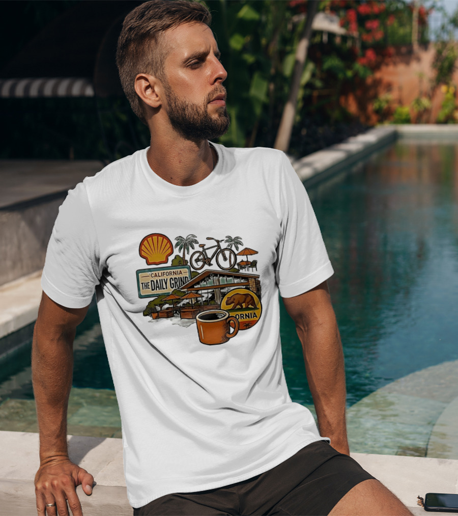California The Daily Grind Shell Coffee Bear Bike Palms T-Shirt