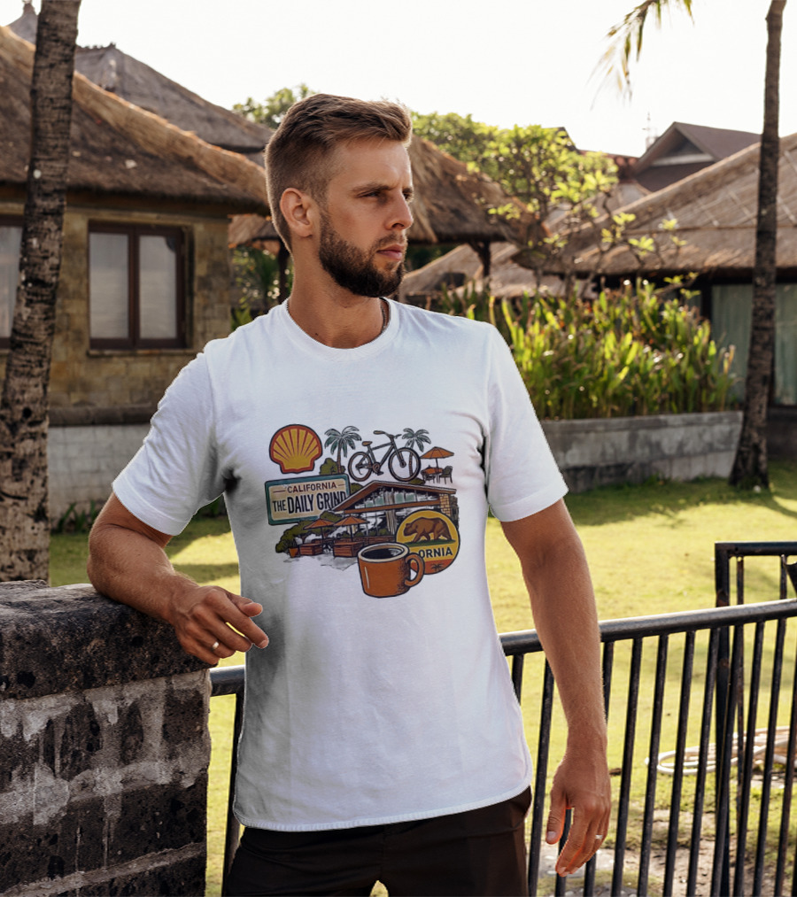 California The Daily Grind Shell Coffee Bear Bike Palms T-Shirt