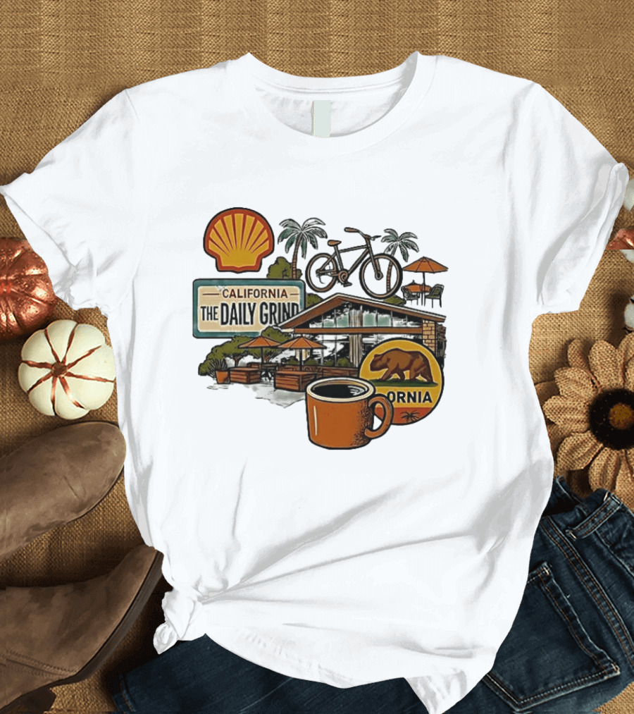 California The Daily Grind Shell Coffee Bear Bike Palms T-Shirt
