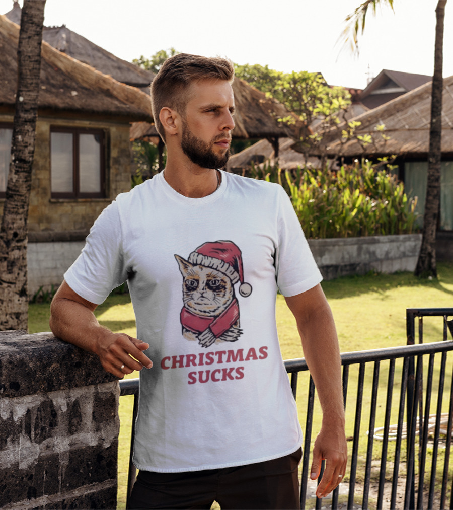 Cat Santa Hat Christmas Sucks Grumpy Humor T-Shirt