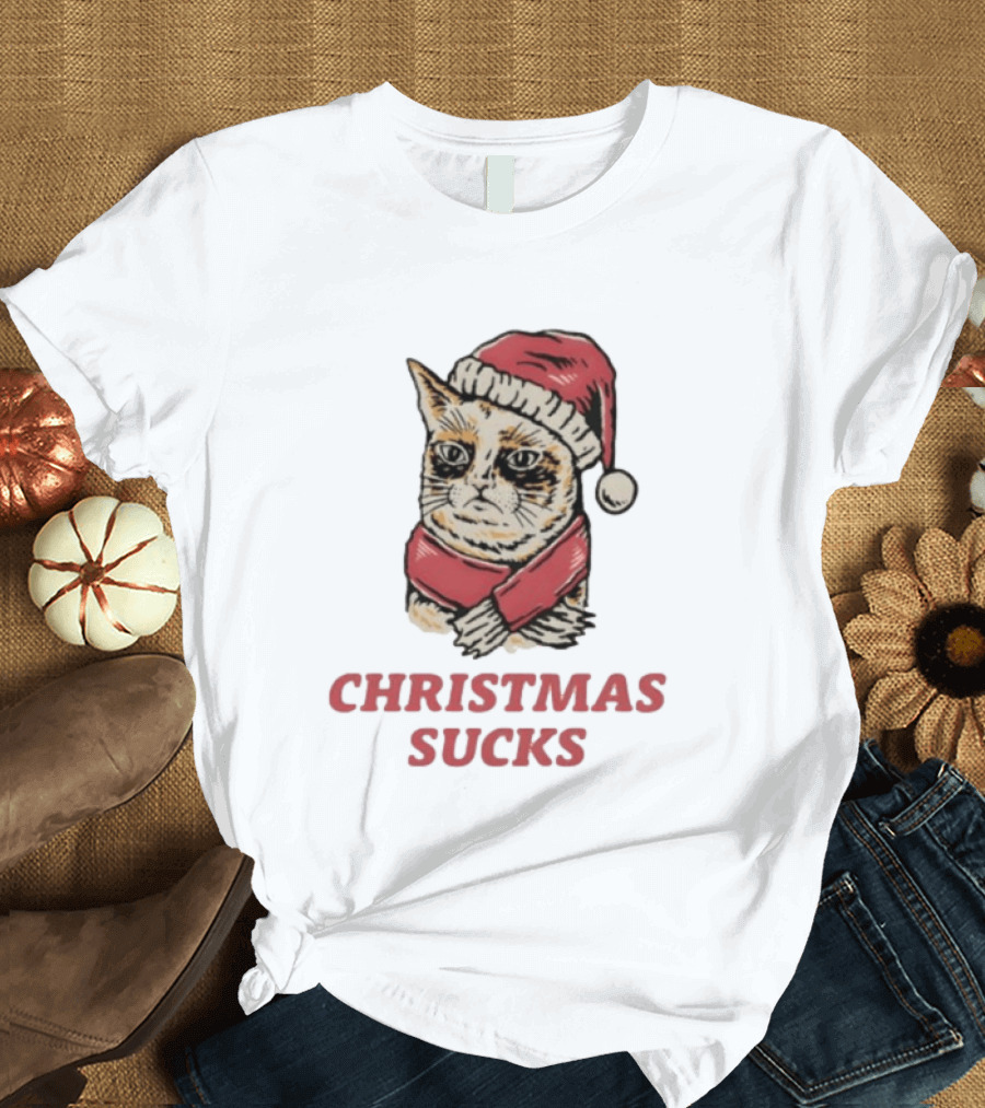 Cat Santa Hat Christmas Sucks Grumpy Humor T-Shirt