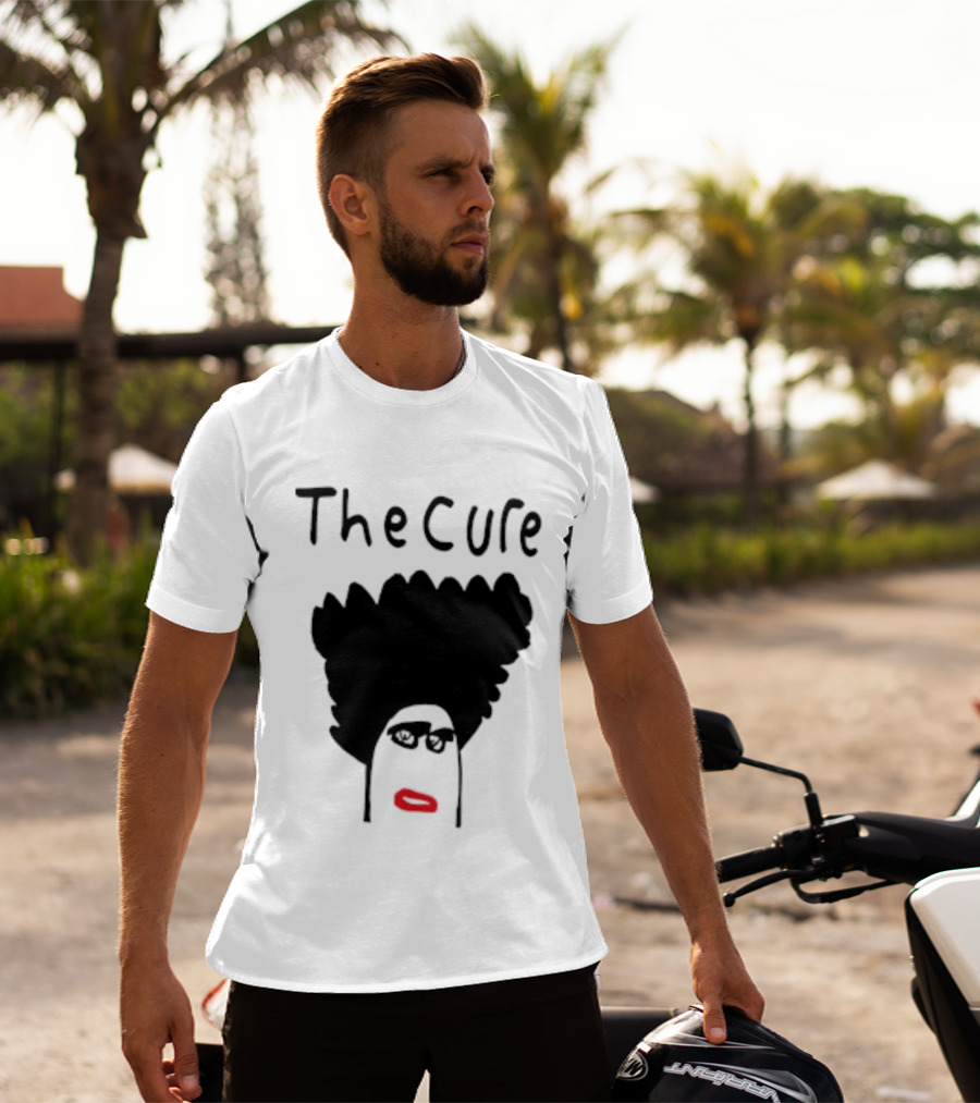 Kieran Maguire Wearing The Cure Text Bold Face Black Hair Red Lips T-Shirt