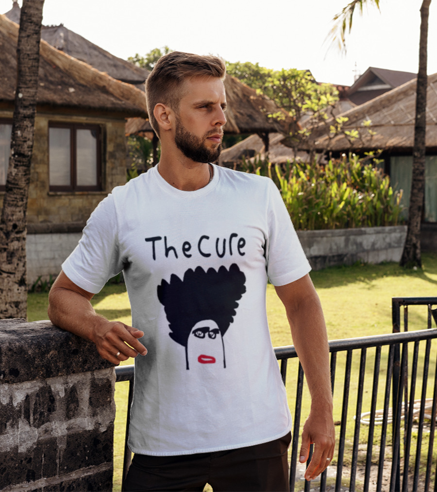 Kieran Maguire Wearing The Cure Text Bold Face Black Hair Red Lips T-Shirt