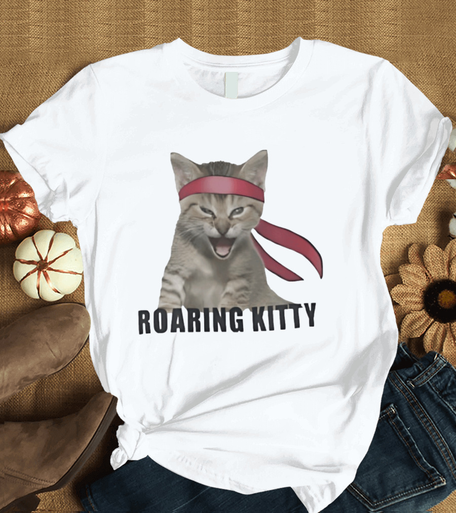 Roaring Kitty Kitten In Red Headband Stock Market Meme T-Shirt