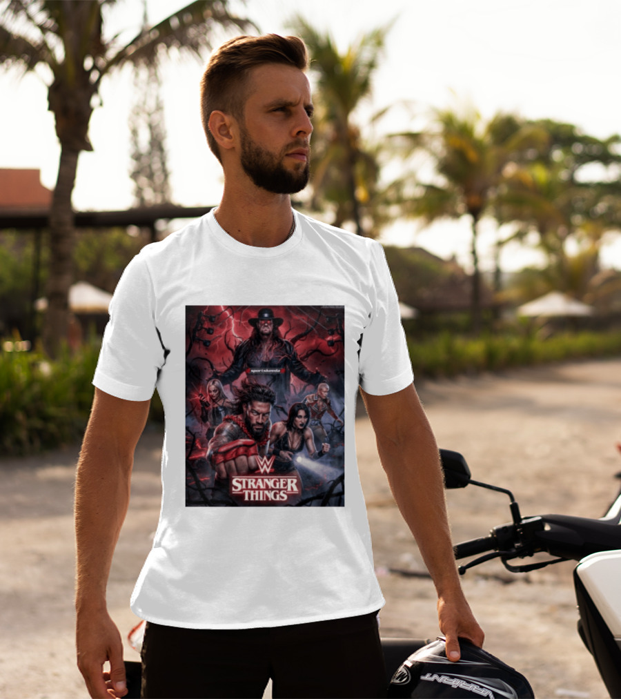 WWE And Stranger Things Crossover With The Undertaker, Roman Reigns, Cody Rhodes, Rhea Ripley, And Liv Morgan T-Shirt