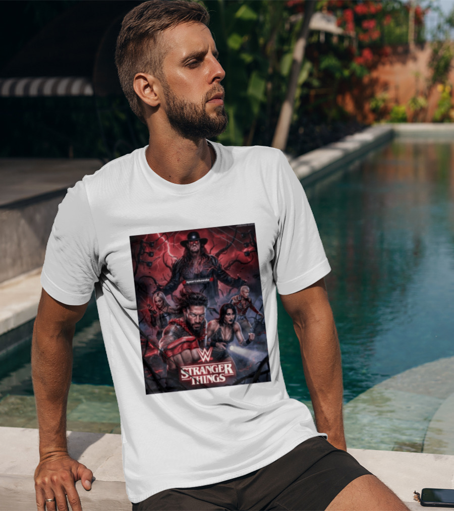 WWE And Stranger Things Crossover With The Undertaker, Roman Reigns, Cody Rhodes, Rhea Ripley, And Liv Morgan T-Shirt