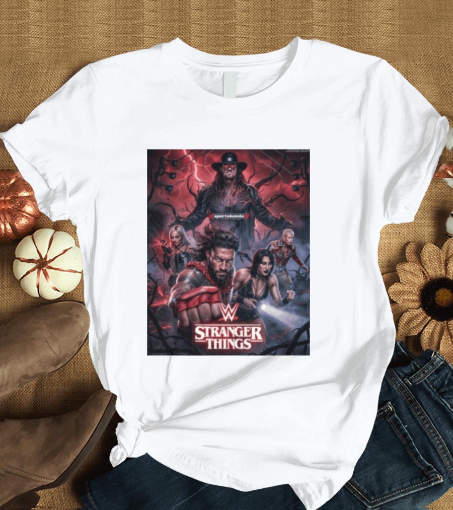 WWE And Stranger Things Crossover With The Undertaker, Roman Reigns, Cody Rhodes, Rhea Ripley, And Liv Morgan T-Shirt