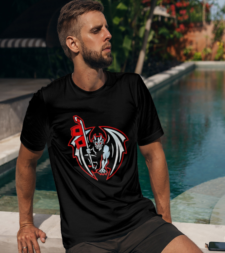 Greensboro Gargoyles Hockey Team Winged Gargoyle Holding Hockey Stick With Red Flag T-Shirt