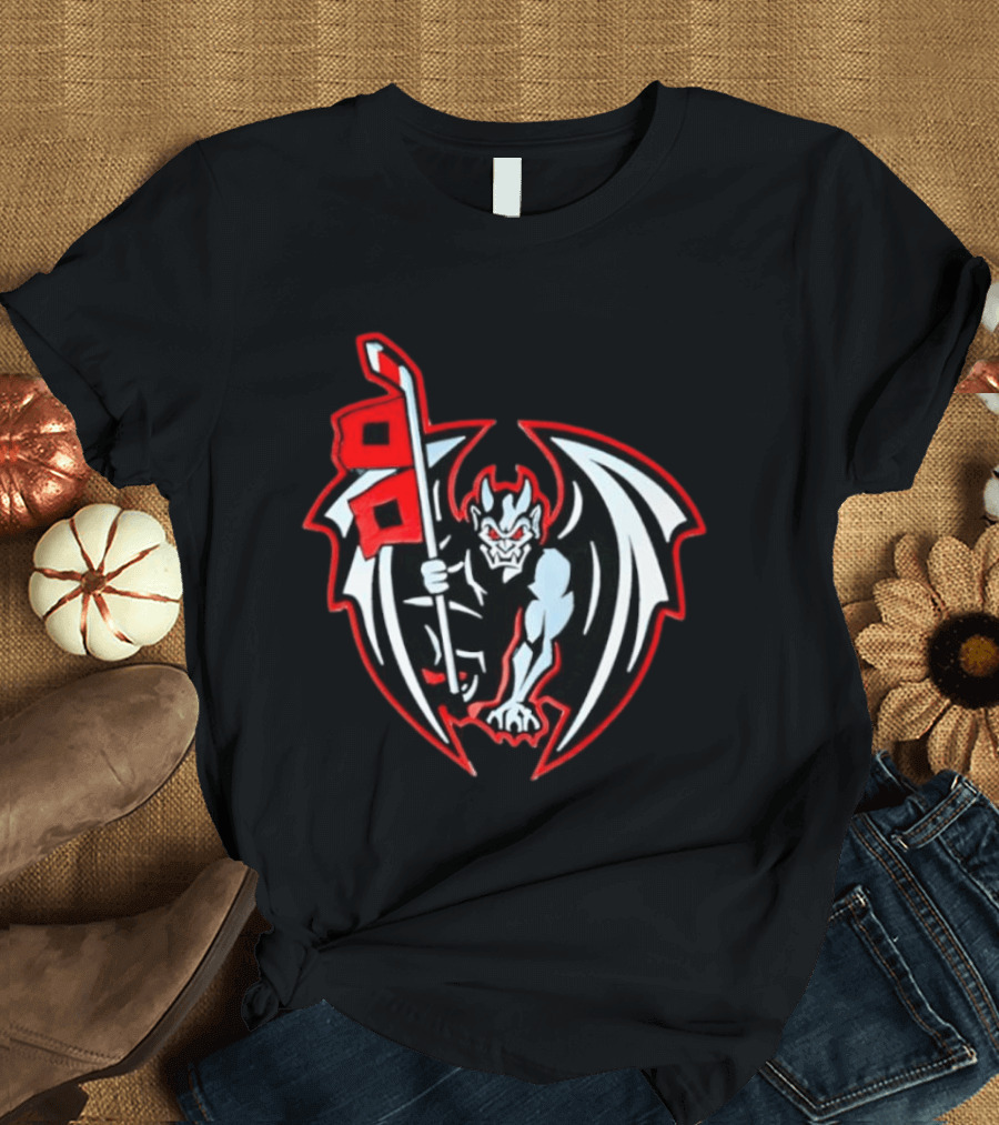 Greensboro Gargoyles Hockey Team Winged Gargoyle Holding Hockey Stick With Red Flag T-Shirt