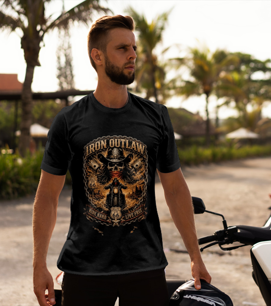 Iron Outlaw Cowboy Skull Motorcycle Route 66 Ride Hard Live Free T-Shirt