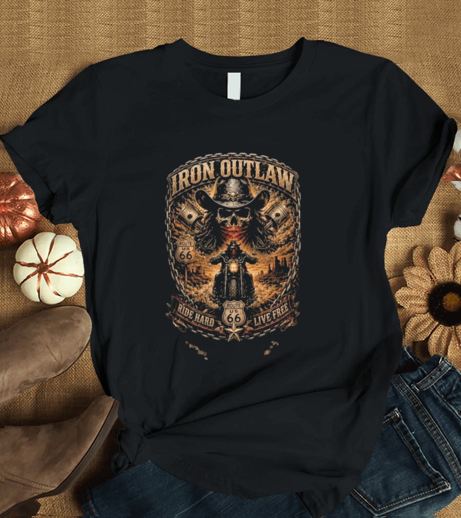 Iron Outlaw Cowboy Skull Motorcycle Route 66 Ride Hard Live Free T-Shirt