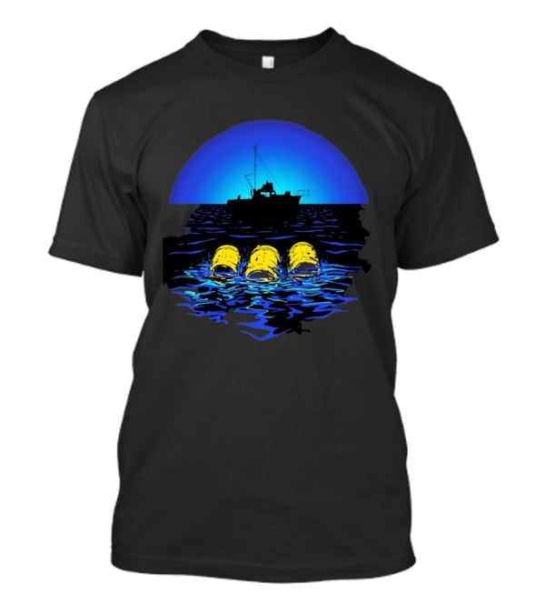 Jaws Orca Boat With Yellow Barrels Steven Spielberg Retro Ocean Scene T-Shirt