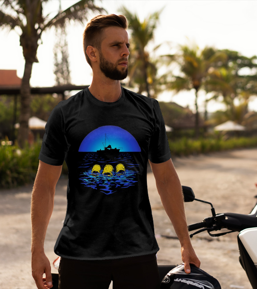 Jaws Orca Boat With Yellow Barrels Steven Spielberg Retro Ocean Scene T-Shirt