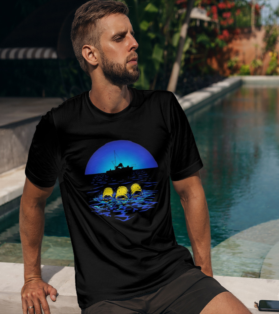 Jaws Orca Boat With Yellow Barrels Steven Spielberg Retro Ocean Scene T-Shirt