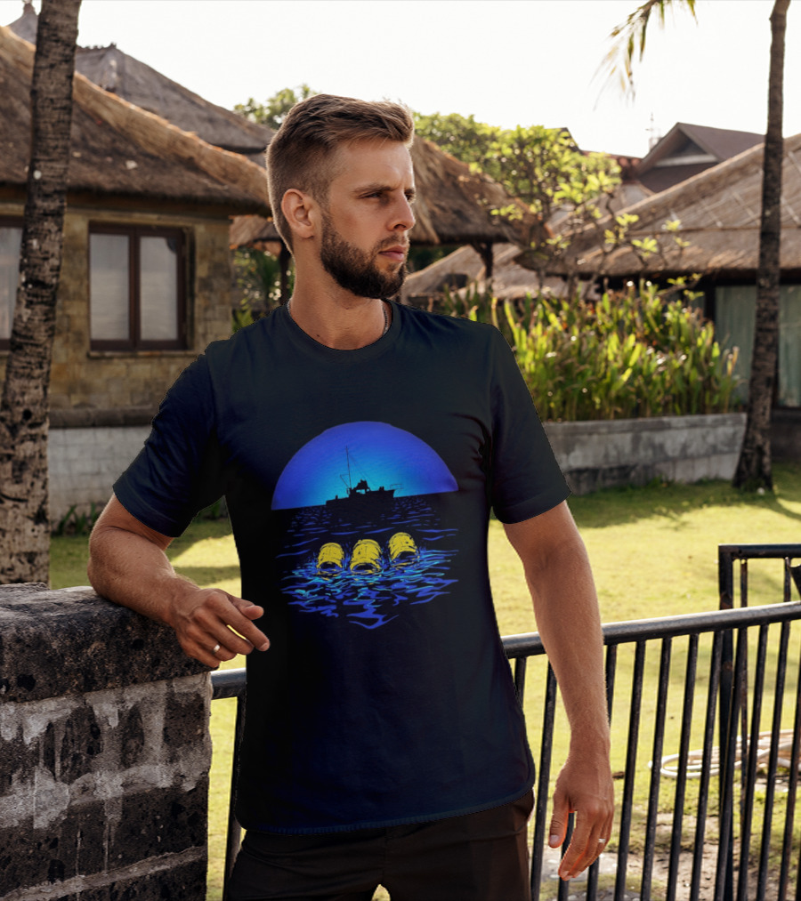 Jaws Orca Boat With Yellow Barrels Steven Spielberg Retro Ocean Scene T-Shirt