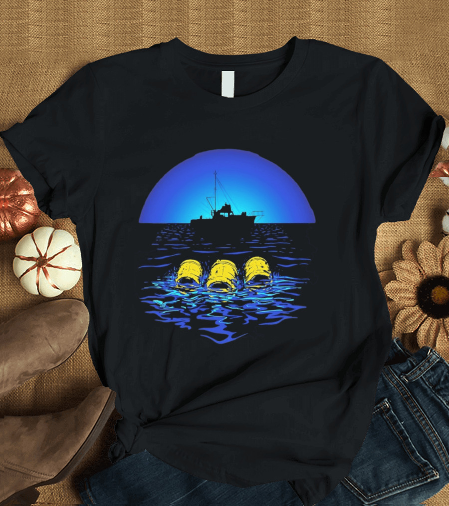 Jaws Orca Boat With Yellow Barrels Steven Spielberg Retro Ocean Scene T-Shirt