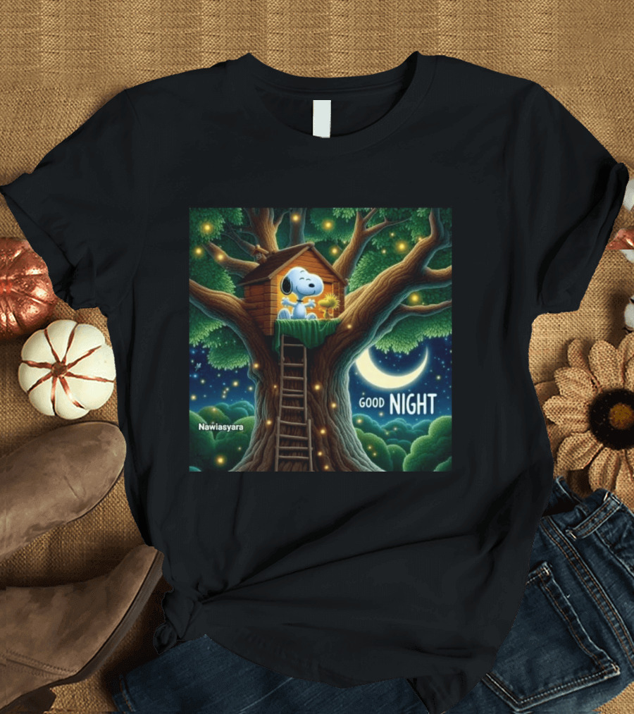 Leave A Heart If You Love Snoopy Good Night Treehouse Moonlit Scene T-Shirt