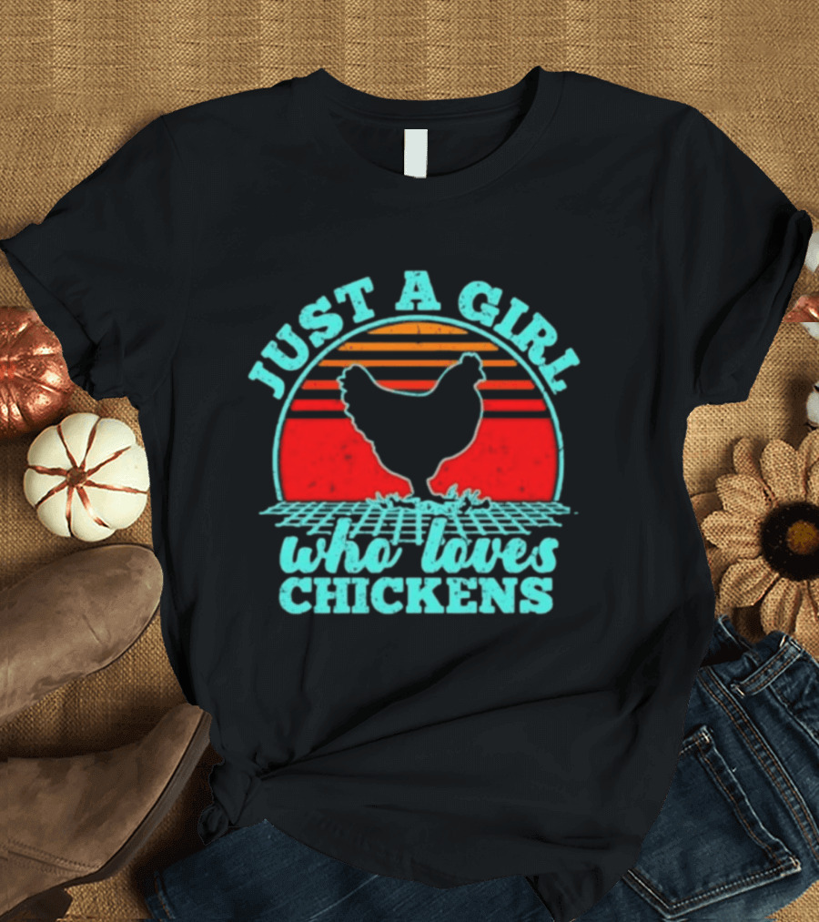 Just A Girl Who Loves Chickens Retro Sunset T-Shirt