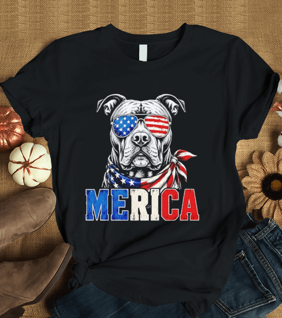 Patriotic Pit Bull Merica Dog With American Flag Sunglasses And Bandana T-Shirt