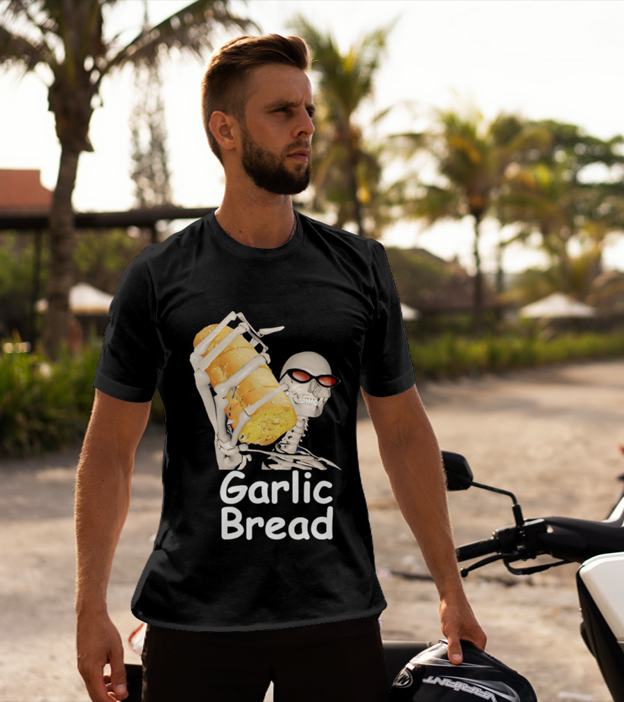 Skeleton Holding Baguette Garlic Bread Wearing Sunglasses T-Shirt