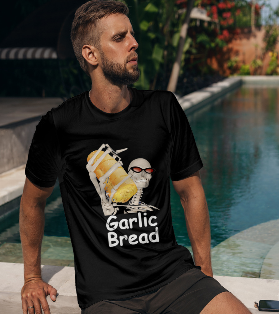 Skeleton Holding Baguette Garlic Bread Wearing Sunglasses T-Shirt