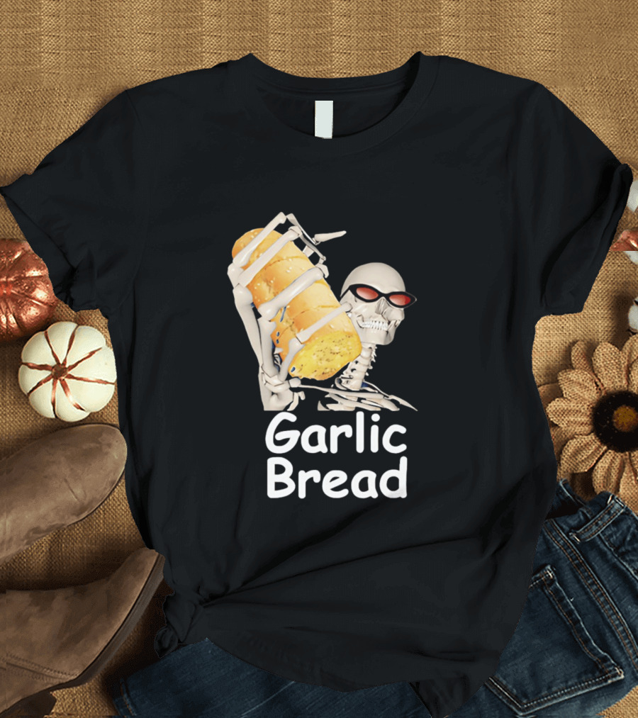 Skeleton Holding Baguette Garlic Bread Wearing Sunglasses T-Shirt