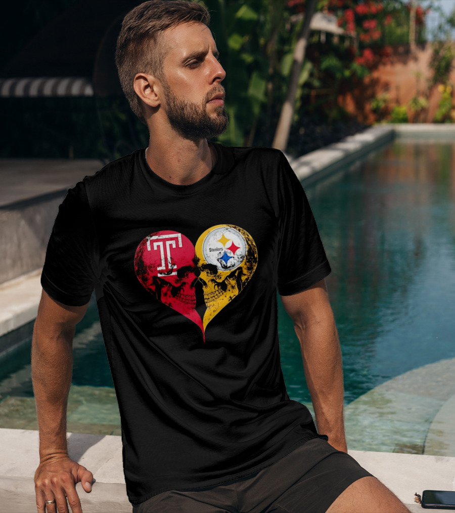 Temple Owls Pittsburgh Steelers Skulls Heart Shape Distressed T-Shirt