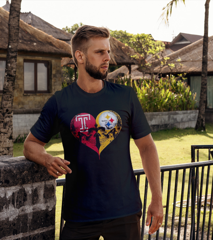 Temple Owls Pittsburgh Steelers Skulls Heart Shape Distressed T-Shirt