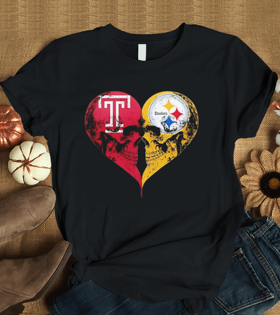 Temple Owls Pittsburgh Steelers Skulls Heart Shape Distressed T-Shirt