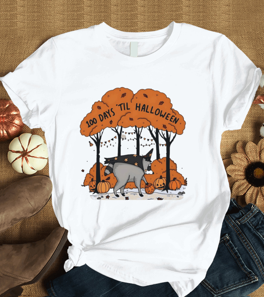 100 Days 'til Halloween Raccoon Wizard Costume In Pumpkin Patch Forest T-Shirt