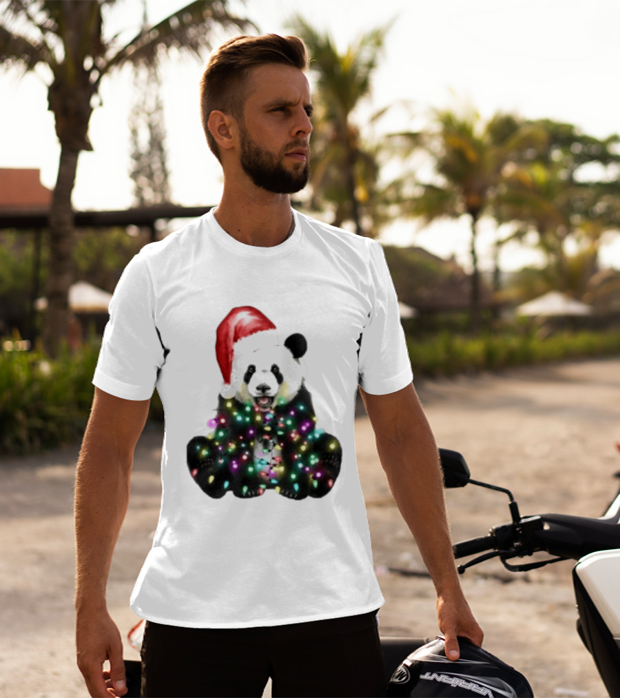 Panda With Christmas Lights And Santa Hat Holiday Animals T-Shirt