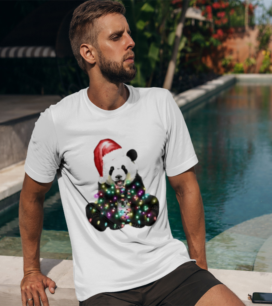 Panda With Christmas Lights And Santa Hat Holiday Animals T-Shirt