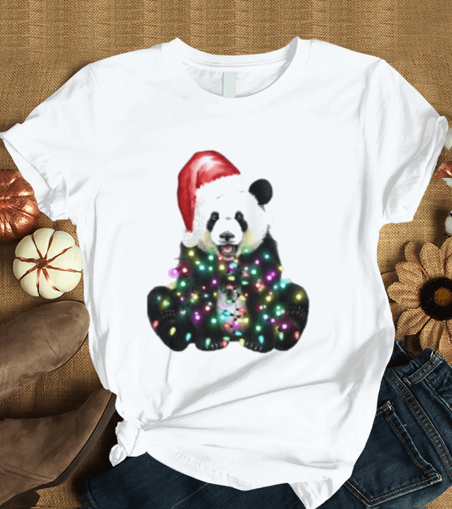 Panda With Christmas Lights And Santa Hat Holiday Animals T-Shirt