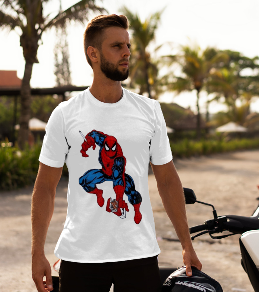 Marlboro Spider Man Crouching Holding Cigarette Packcartoon T-Shirt