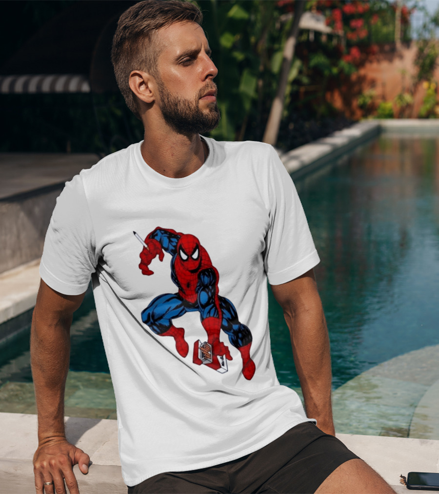 Marlboro Spider Man Crouching Holding Cigarette Packcartoon T-Shirt