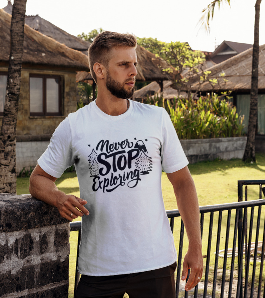 Never Stop Exploring Pine Trees Snowy Mountain Peak Stars T-Shirt